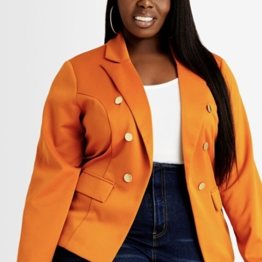 Ashley Stewart Bold Orange Double Breasted Blazer with Gold Buttons